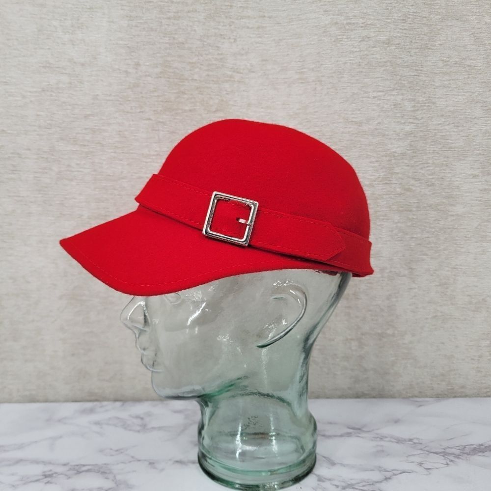 Filippo Catarzi Italian Red Felted Wool Buckle Accent Cap Hat